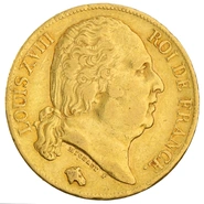 Franse 20 Francs Gouden Munt Lodewijk XVIII Naakt Hoofd