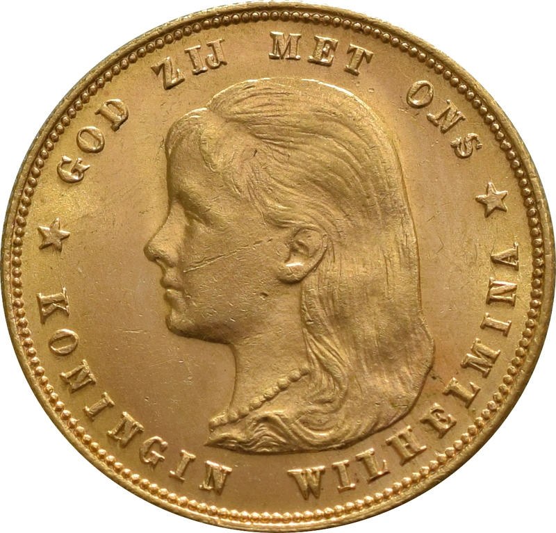 Dutch 10 Guilders Gold Coin Wilhelmina Young Head 1897