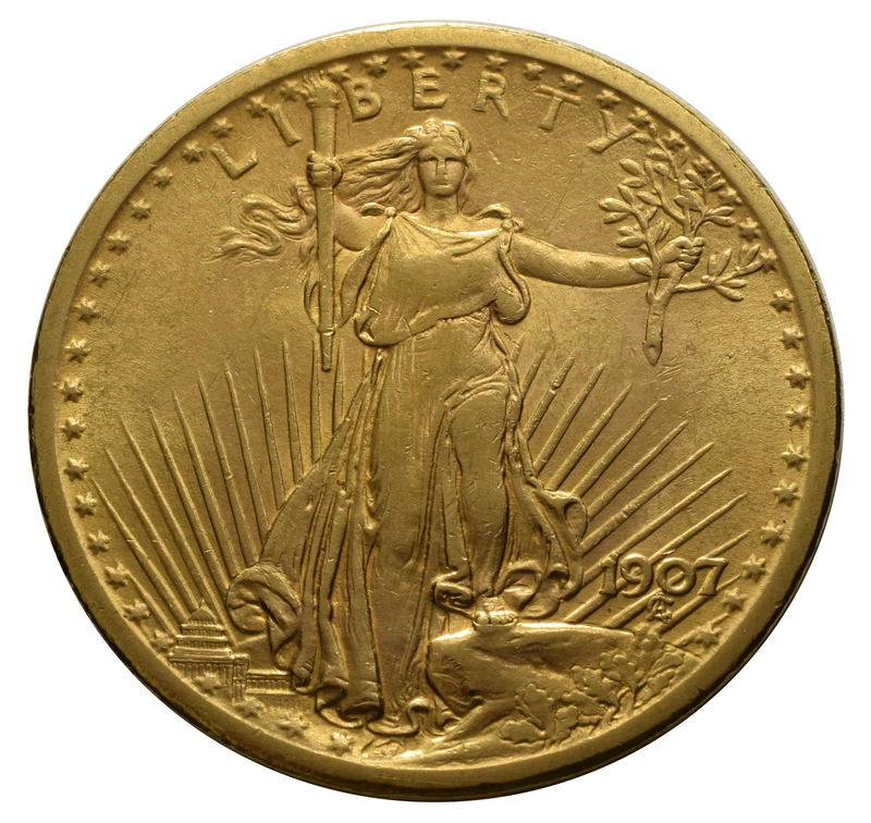 1907 $20 Double Eagle St Gaudens Gold coin - No Motto, Philadelphia