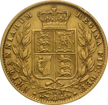 1872 Gold Sovereign - Victoria Young Head Shield Back- M