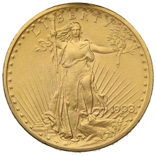 1908 gouden American Double Eagle (20 Dollar) munt St Gaudens Head Philadelphia No Motto