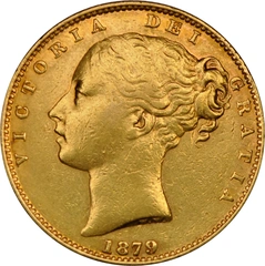 1879 gouden Sovereign munt Victoria Jong Portret Schildrug Sydney