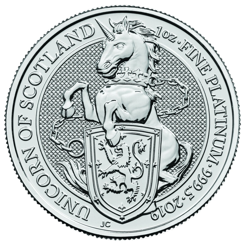 1 troy ounce platina Queen's Beast munt 2019 - Unicorn of Scotland