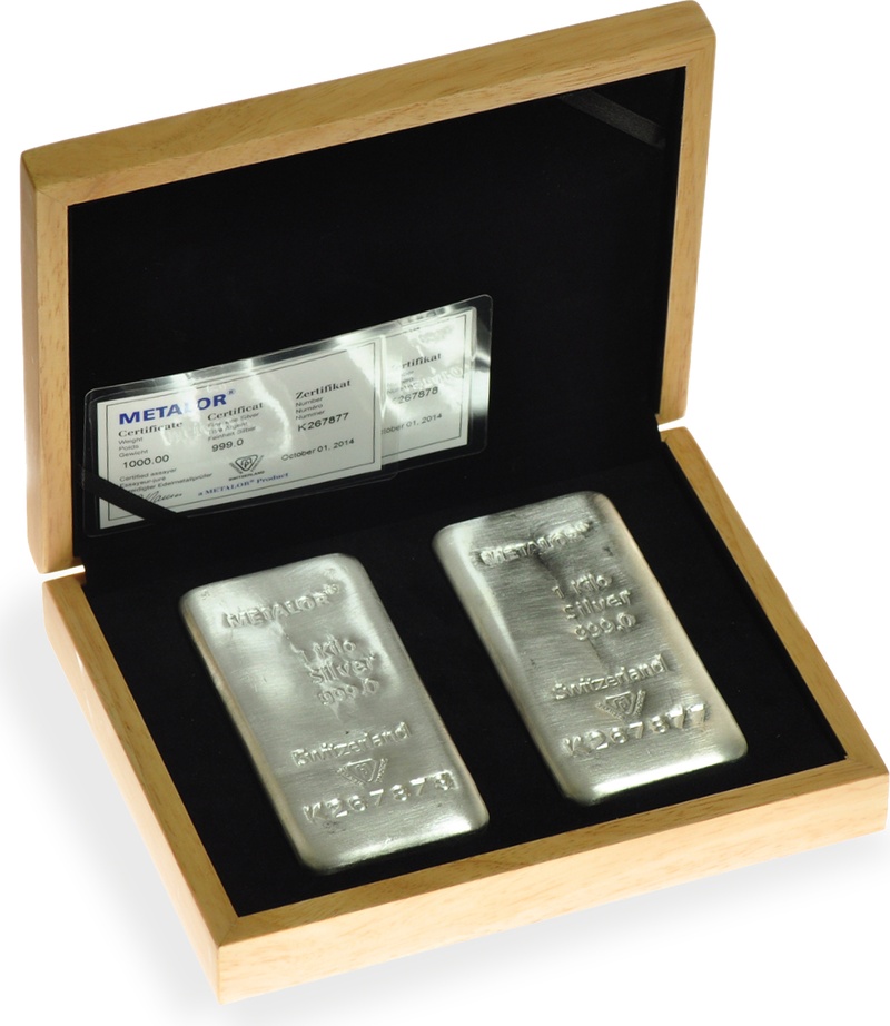 Grote Eiken Geschenkdoos - 2 x Metalor 1kg goud of zilver baren