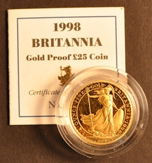 1998 Britannia Quarter Ounce Gold Proof Coin boxed with COA