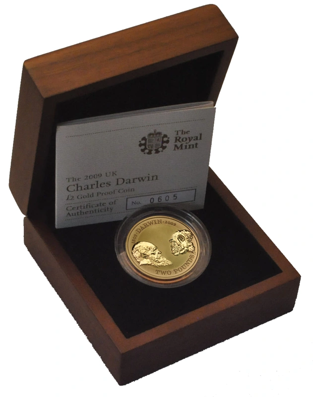 2009 Proof £2 Gold Coin Charles Darwin Boxed
