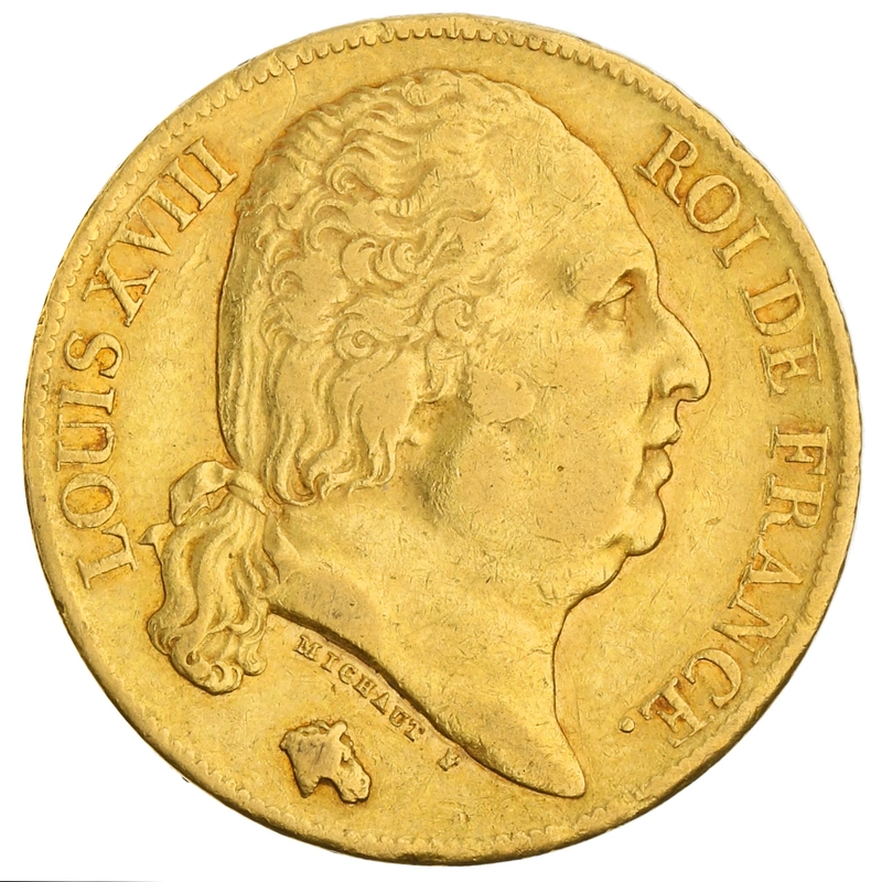 Franse 20 Francs Gouden Munt Lodewijk XVIII Naakt Hoofd
