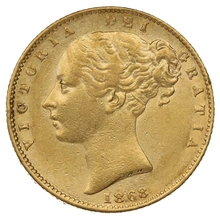 1868 Gold Sovereign - Victoria Young Head Shield Back- London