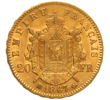 1867 20 French Francs - Napoleon III Laureate Head - BB