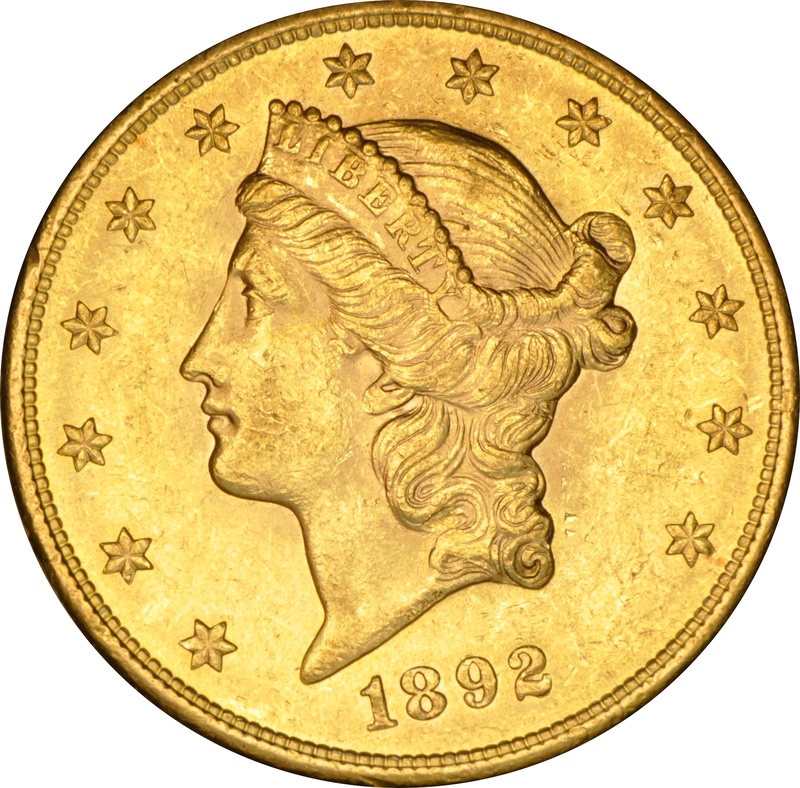 1892 $20 Double Eagle Liberty Head Gold Coin, San Francisco