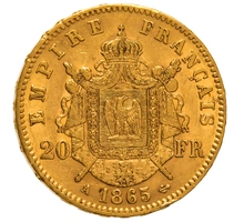 1865 20 French Francs - Napoleon III Laureate Head - A