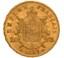1867 20 French Francs - Napoleon III Laureate Head - A