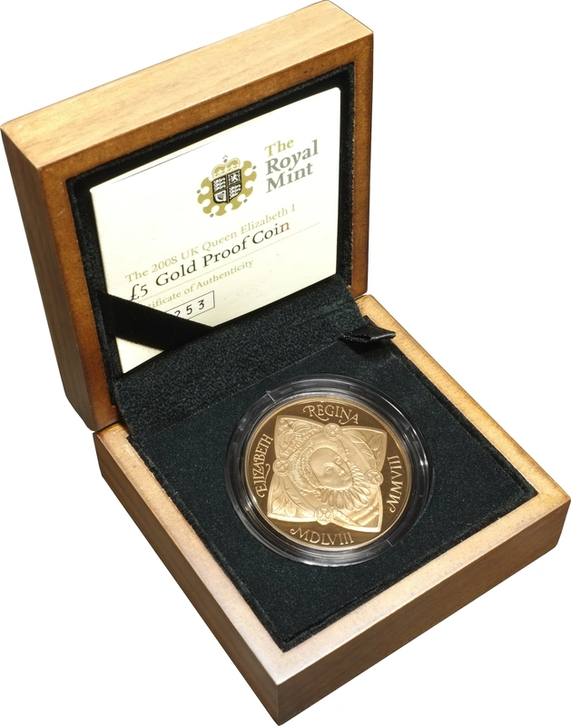 2008 Proof Gold Crown £5 Coin Queen Elizabeth I Boxed