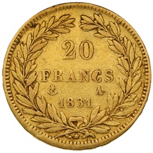 1831 20 Franse Francs - Louis-Philippe met Blote hoofd - Randschrift met versiering - A
