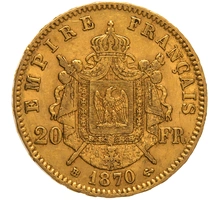1870 20 French Francs - Napoleon III Laureate Head - BB