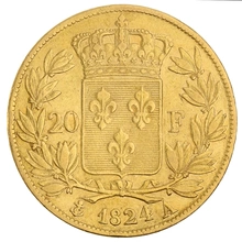 Franse 20 Francs Gouden Munt Lodewijk XVIII Naakt Hoofd