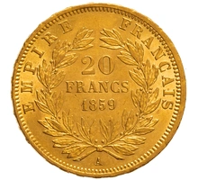 1859 20 French Francs - Napoleon III Bare Head - A