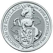 1 troy ounce platina Queen's Beast munt 2019 - Unicorn of Scotland